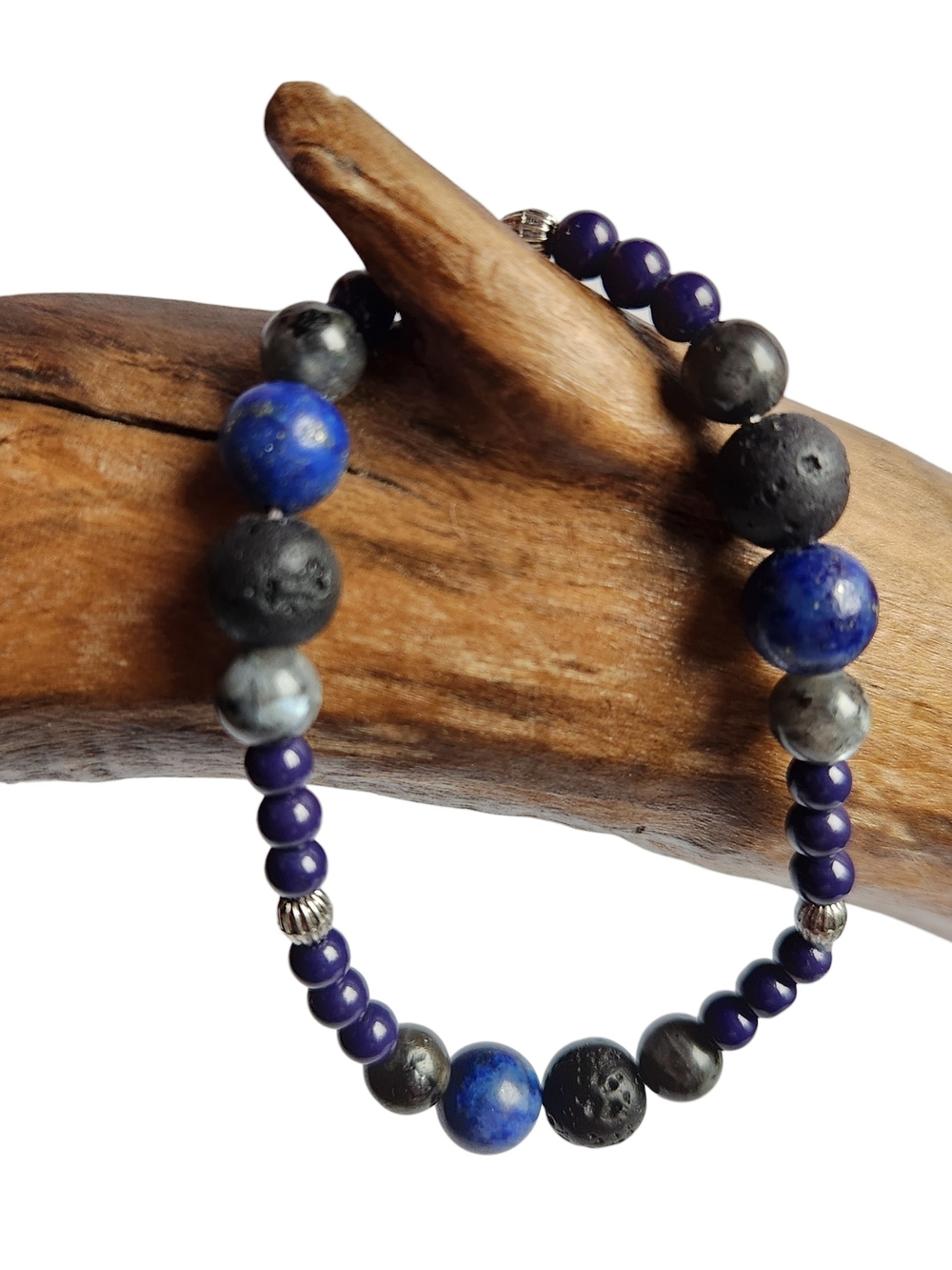 Handmade Lapis Lazuli & Lava Rock Blue & Black Beaded Stretch Bracelet